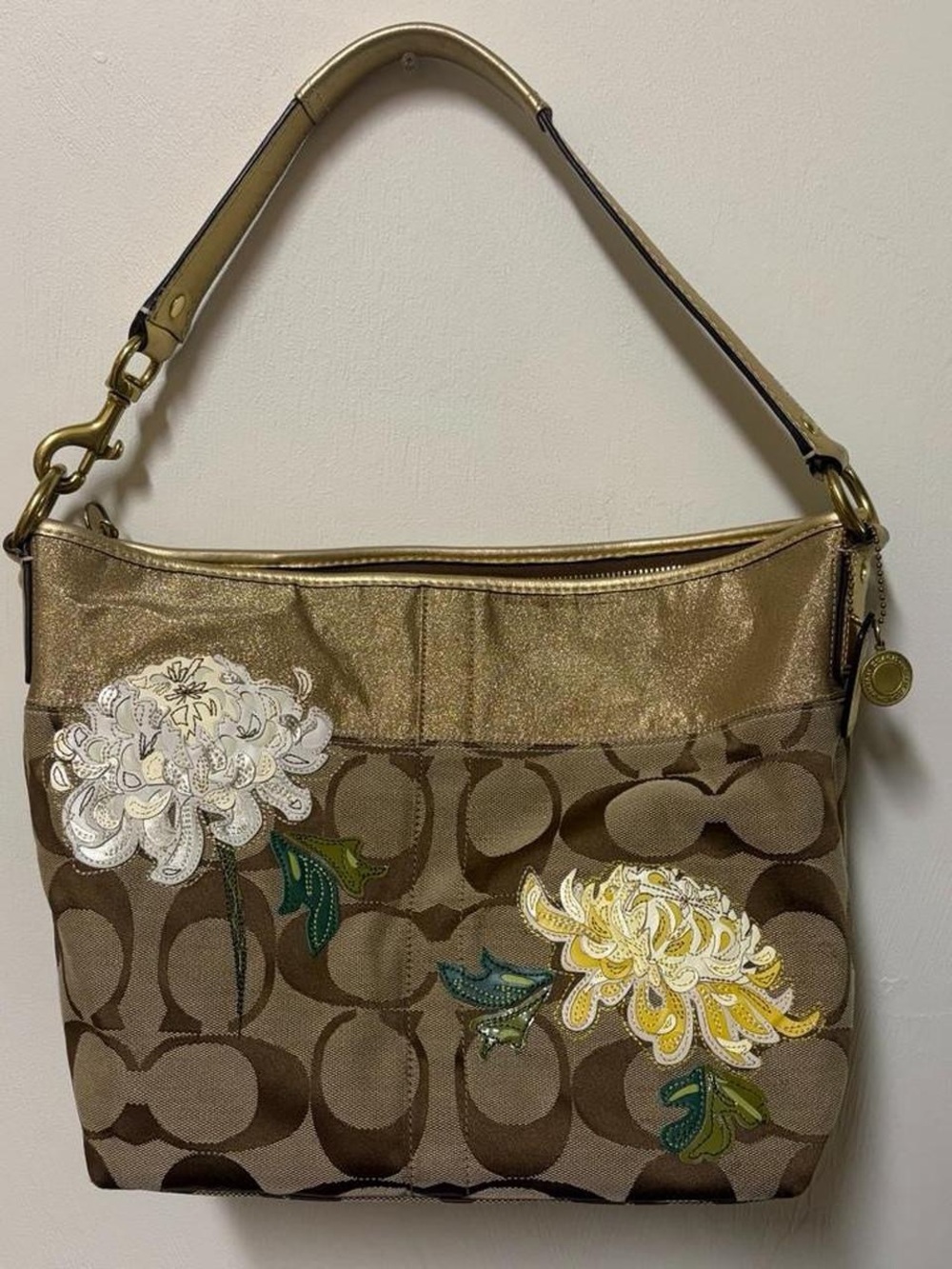 Y2K Coach Gold and Brown Chrysanthemum Appliqué Hobo Shoulder Bag